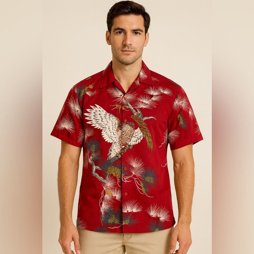 Vintage Koman Sport Hawaiian Aloha Shirt- Red Hawk Scenic Print Men’s Medium
